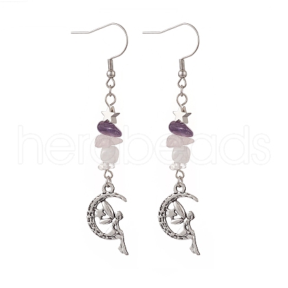 Alloy Charm with Natural Mixed Gemstone Chips Dangle Earrings EJEW-JE05225-01-1