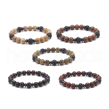 Natural Lava Rock & Wood Beaded Stretch Bracelet BJEW-JB08535-02-1