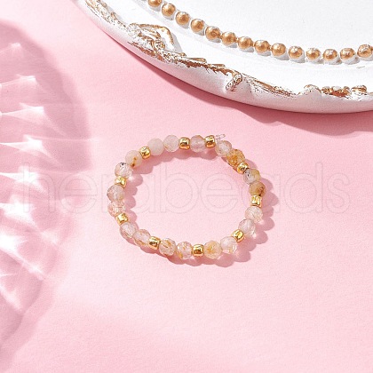 Natural Gold Rutilated Quartz Beaded Stretch Rings for Women RJEW-JR00868-11-1