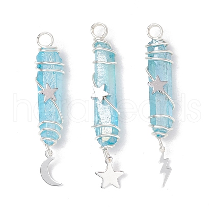 3Pcs 3 Styles Electroplated Natural Quartz Crystal Pointed Copper Wire Wrapped Pendants PALLOY-JF03767-04-1