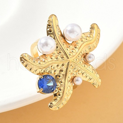 304 Stainless Steel Micro Pave Cubic Zirconia Plastic Pearl Cuff Rings RJEW-D310-02C-G-1