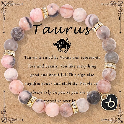 12 Constellations Natural Zebra Jasper Round Beaded with Enamel Heart Charm Bracelets WGB6967-04-1