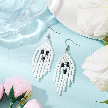 Halloween Theme Ghost Handmade Glass Seed Beaded Dangle Earrings EJEW-MZ00479-1