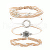 4Pcs Flower with Ring Alloy & Wax Cord Braided Bead Bracelets Set FS-WG10F8B-12-1