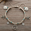 Bohemian Style Sea Animal Alloy Charms Synthetic Turquoise & Cotton Cord Braided Anklets FS-WGB3C8E-01-2
