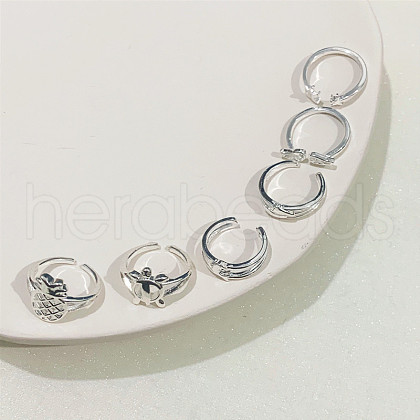 6Pcs 6 Styles Pineapple Turtle Dolphin Brass Cuff Toe Ring Sets FS-WGE94DA-07-1