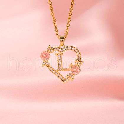 Brass Crystal Rhinestone Hollow Rose Heart with Letter Pendant Necklaces for Women WGC1928-12-1