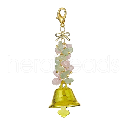 Natural Quartz Crystal & Prehnite Chips & Alloy Bowknot Kcychain HJEW-JM01313-01-1