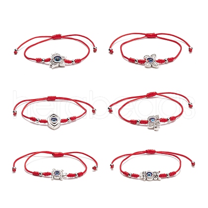 6Pcs 6 Style Lotus & Horse Eye & Butterfly & Tortoise & Owl Alloy Braided Bead Bracelets Set BJEW-JB08499-1