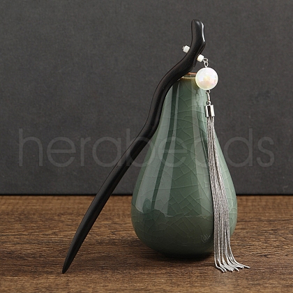 Wooden with Tassel Imitation Jade Hair Sticks PW-WG56B5F-02-1
