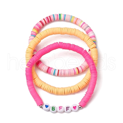 3Pcs 3 Colors Polymer Clay Disc Beaded Stretch Bracelet Sets BJEW-JB10441-01-1