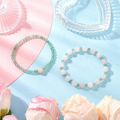 2Pcs Natural Green Aventurine & Rose Quartz Round Beaded Stretch Bracelets for Women BJEW-JB11926-1