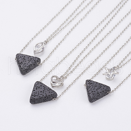 Natural Lava Rock Brass Two-Tiered Necklaces NJEW-JN02088-1