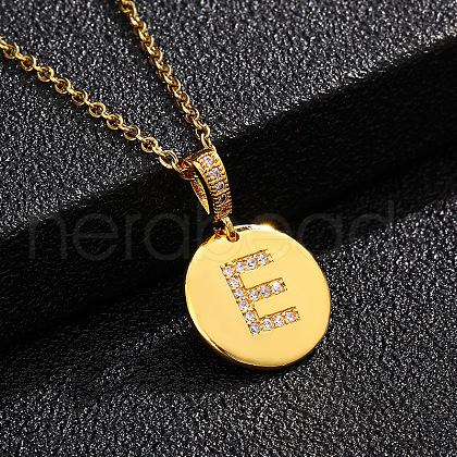 Brass Micro Pave Clear Cubic Zirconia Flat Round with Letter Pendant Necklaces FS-WG00655-05-1