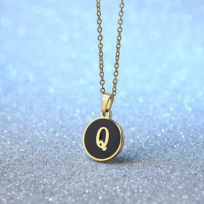 Alloy Black Enamel Flat Round with Letter Pendant Necklaces for Women WG4B845-17-1