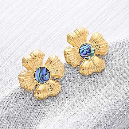 304 Stainless Steel Natural Paua Shell Stud Earrings EJEW-Z103-12G-1