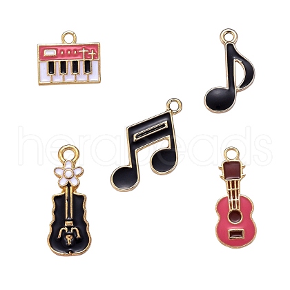 30Pcs 5 Style Light Gold Plated Music Theme Alloy Enamel Pendants ENAM-ZZ0001-08LG-1