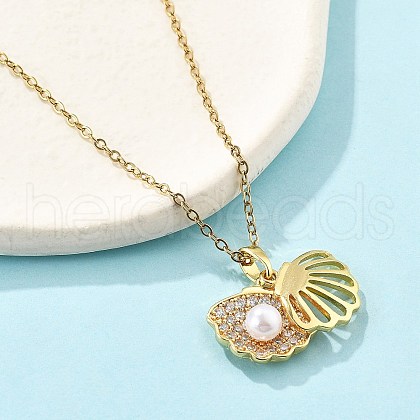 Brass Micro Pave Cubic Zirconia Shell Shape Pendant Neckalces for Women NJEW-S448-10G-1