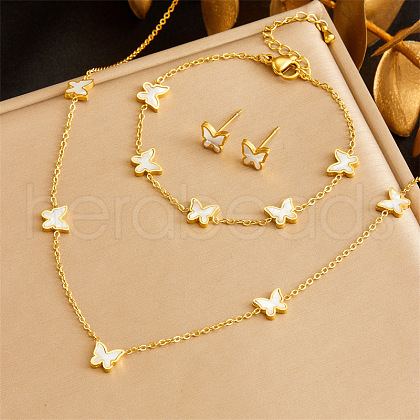 Stainless Steel & Natural Shell Chain Necklace & Bracelet & Stud Earring FS-WG047CA-02-1