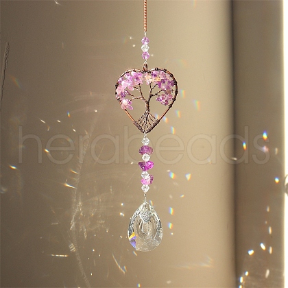 Natural Amethyst Chip Wrapped Heart with Tree of Life Hanging Ornaments PW-WG90532-02-1