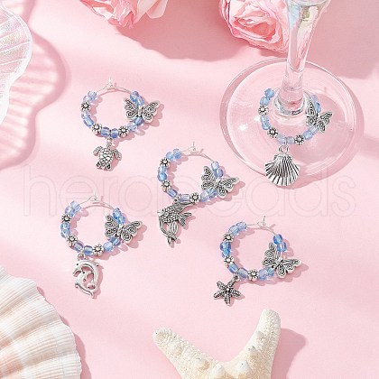 5Pcs Sea Animal Alloy Wine Glass Charms AJEW-JO00260-1