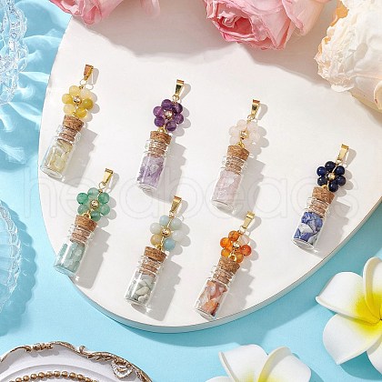 7Pcs 7 Styles Natural Mixed Stone Round Beaded Flower Pendants HJEW-JM03042-1