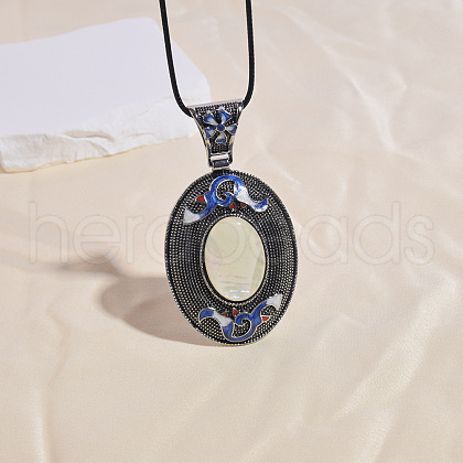 Alloy Pave Natural Shell Oval Pendant Waxed Cord Necklaces for Women FS-WG4C67D-06-1