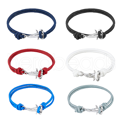 FIBLOOM 6Pcs 6 Colors Survival Polyester Cord Bracelets Set with Alloy Shark Shape Clasps BJEW-FI0001-72-1