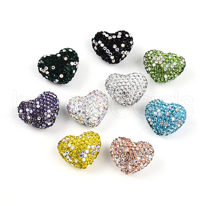 Heart Shaped Polymer Clay Rhinestone Beads PORC-N010-01-1