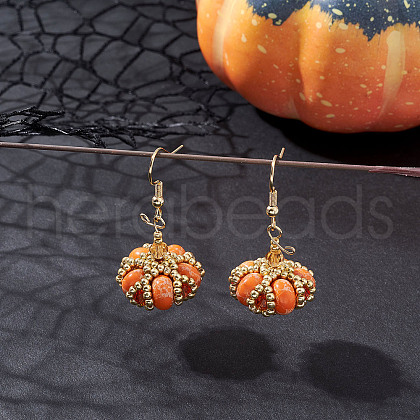Halloween Theme Pumpkin Handmade Glass Seed Beaded Dangle Earrings EJEW-MZ00476-1