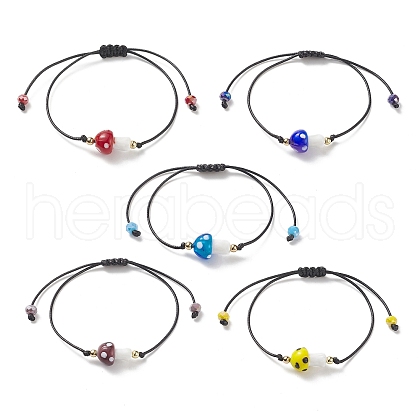 5Pcs 5 Color Lampwork Mushroom Braided Bead Bracelets BJEW-TA00203-1