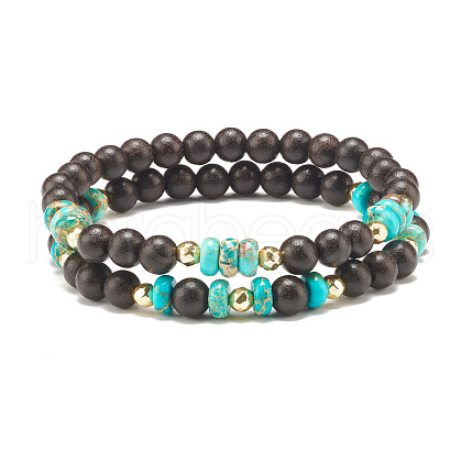 2Pcs 2 Style Natural Ebony Wood & Imperial Jasper Beaded Stretch Bracelets Set BJEW-JB07824-1