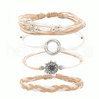 4Pcs Flower with Ring Alloy & Wax Cord Braided Bead Bracelets Set FS-WG10F8B-12-1