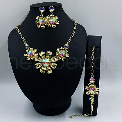 Flower Alloy Rhinestone Pendant Necklace & Stud Dangle Earring & Link Bracelets Sets FS-WG49F82-03-1