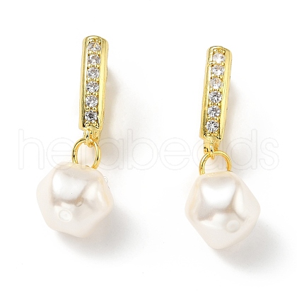 Plastic Pearl Dangle Hoop Earrings with Clear Cubic Zirconia EJEW-A070-05G-1