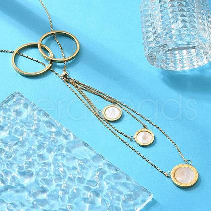 304 Stainless Steel & Natural Shell Ring Lariat Necklaces for Women NJEW-A045-21G-1