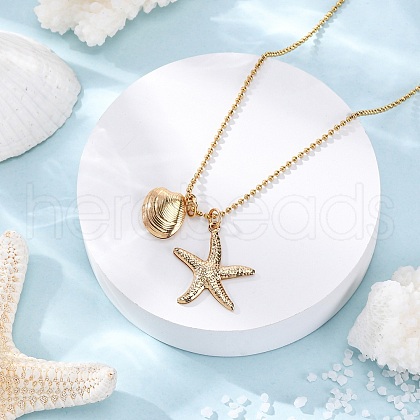 Summer Beach 304 Stainless Steel Starfish Shell Shape Pendant Necklaces NJEW-TA00200-1