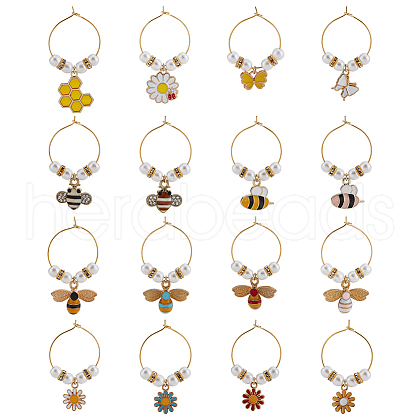 BENECREAT 16Pcs 16 Style Bees & Flower Theme Alloy Enamel Wine Glass Charms AJEW-BC0003-91-1