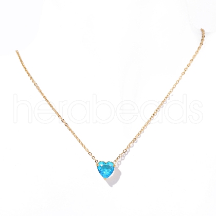 Stainless Steel Pave Cubic Zirconia Heart Pendant Cable Chain Necklaces for Women PW-WG05D07-12-1