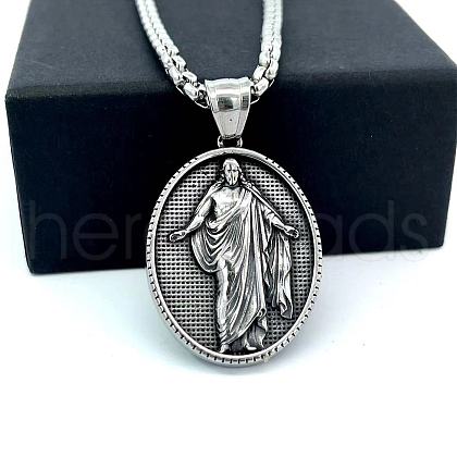 Greek Mythology Retro Stainless Steel Religion Oval with Jesus Pendant Necklaces for Men YI8638-1