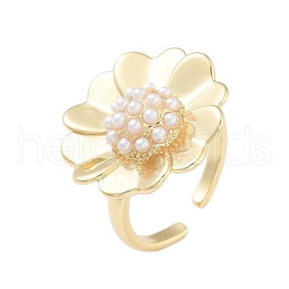 Rack Plating Flower Brass Open Cuff Rings for Women RJEW-B064-18G-02-1