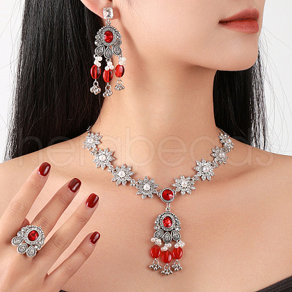 Bohemian Flower Alloy Rhinestone & Imitation Pearl Jewelry Set FS-WG40B38-01-1