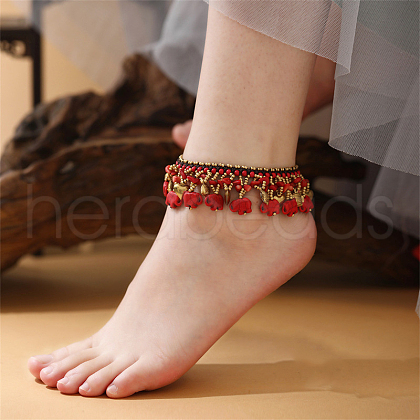 Bohemian Dyed Synthetic Turquoise Elephant & Brass Fish Heart Beaded Tassel Anklets for Women FS-WG11539-06-1