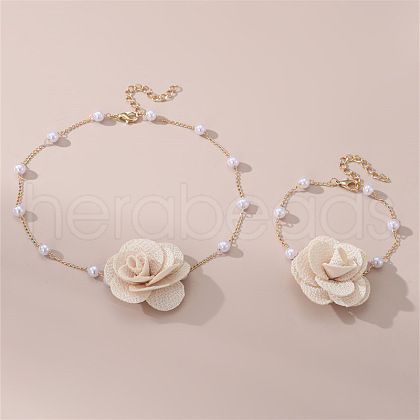 Rose Cloth & Plastic Pearl Pendant Necklaces & Charm Bracelets Sets FS-WG981E4-02-1