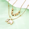 304 Stainless Steel Pave Natural White Shell Elephant Pendant Double Layer Necklaces NJEW-R026-06G-3