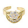Cubic Zirconia Moon with Flower Open Cuff Ring RJEW-N037-039F-2
