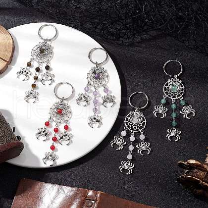 5Pcs 5 Styles Tibetan Style Alloy Natural Gemstone Keychains KEYC-JKC01240-1