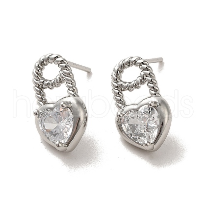 Heart Brass Micro Pave Cubic Zirconia Stud Earrings EJEW-H128-01P-1