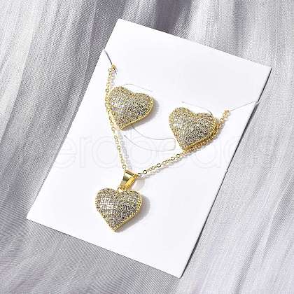 Heart Brass Micro Pave Cubic Zirconia Stud Earrings & Pendant Necklaces Sets SJEW-Z002-05G-1