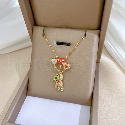 Balloon Bear 202 Stainless Steel Micro Pave Clear Cubic Zirconia Red Enamel Pendant Necklaces for Women FS-WG836D1-01-1